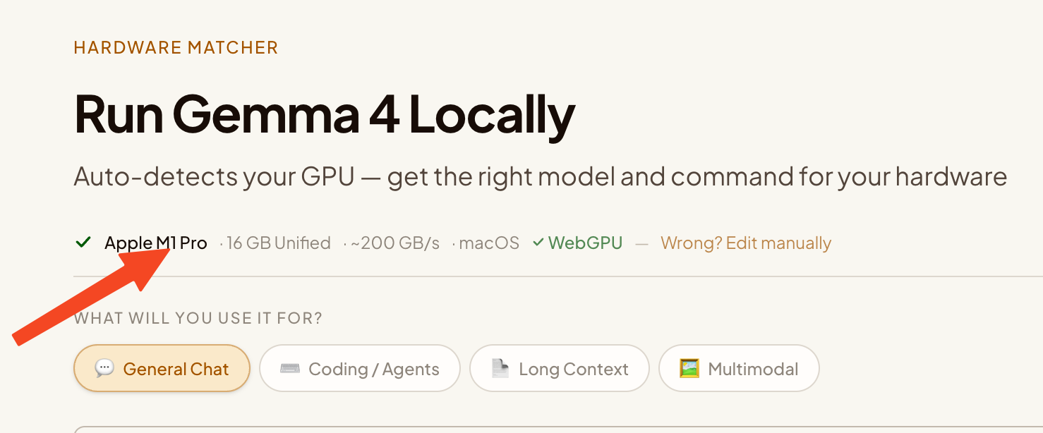 Hardware matcher auto-detection showing Apple M1 Pro with 16 GB unified memory and ~100 GB/s bandwidth