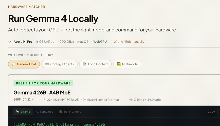 Animated demo of switching from auto-detection to manual mode, selecting OS, RAM, and VRAM