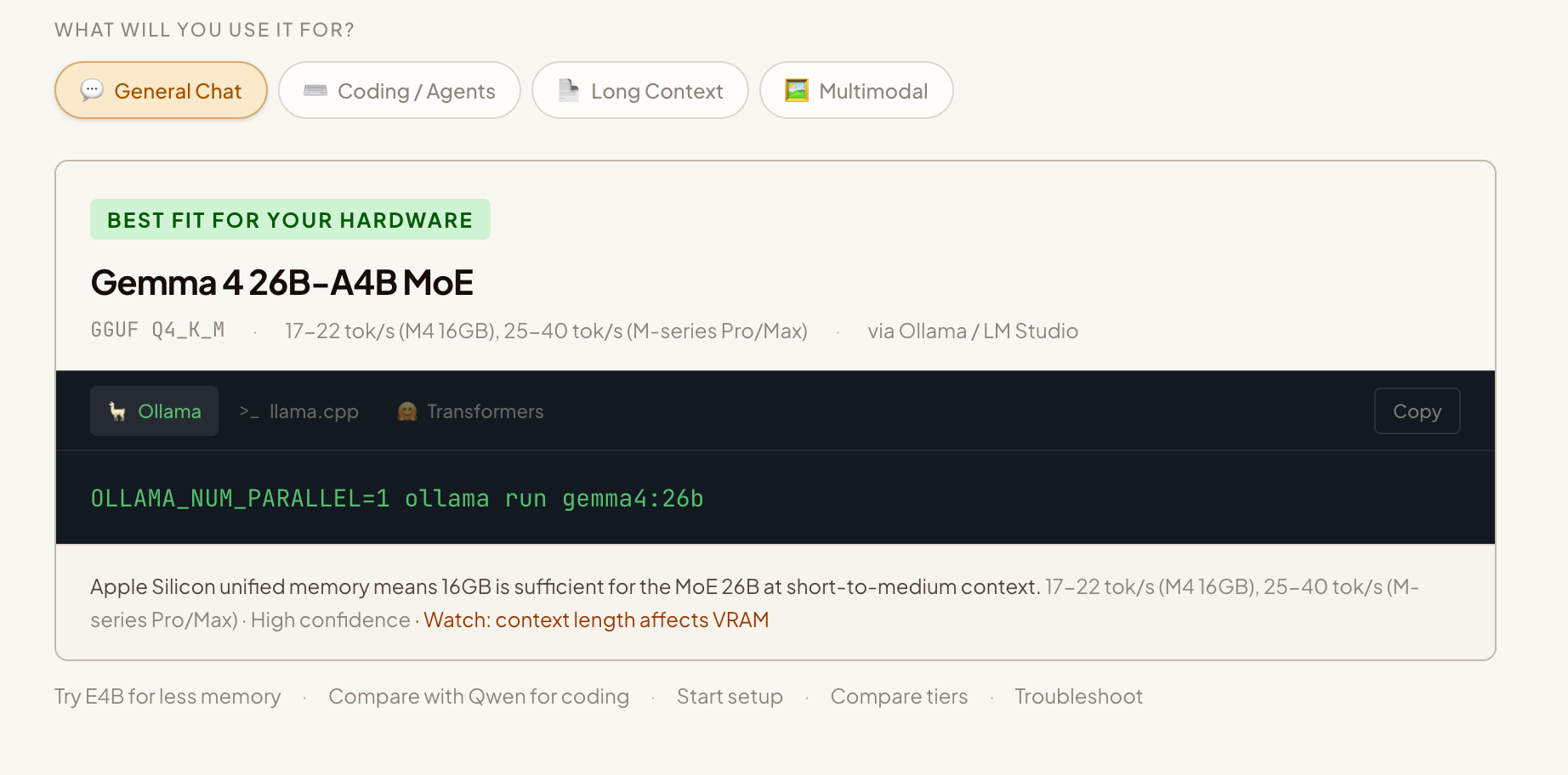 Matched result showing 26B MoE recommendation with Ollama run command and 17-22 tok/s speed estimate